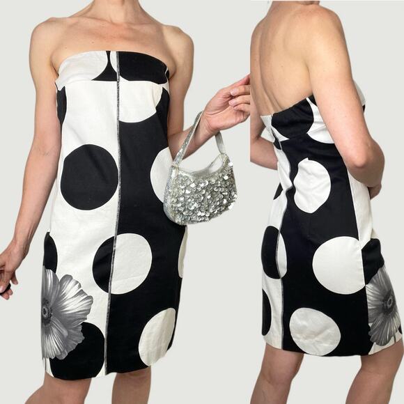 Cache strapless polka dot flower mini dress white black floral vintage Y2K 4 - Picture 1 of 16